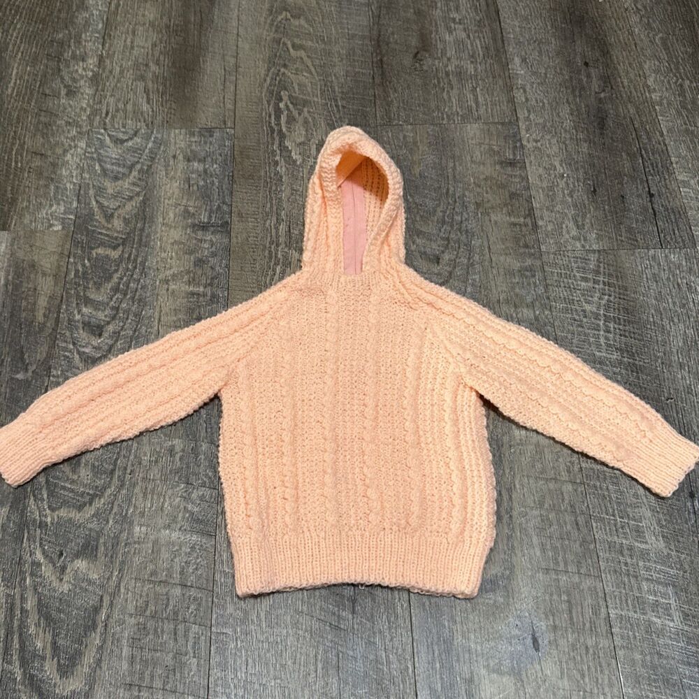 Vtg Handmade Baby Cable Knit Hooded Sweater Back Zip Peach Apricot Bunting 6-12